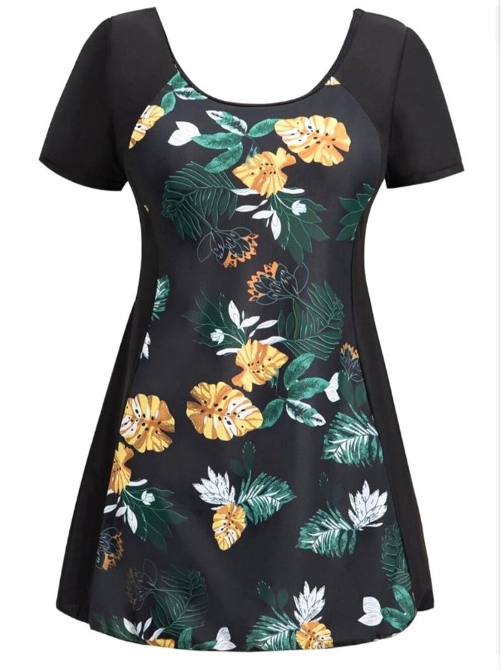 Womens 5XL One Piece Swim Dress Black Floral Short Sleeve Boy Short Beach Pool